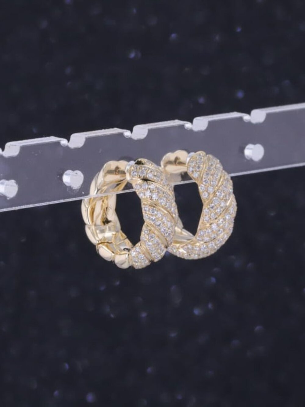 Solid gold huggies with diamonds - sculpted cable hoops NEW w box